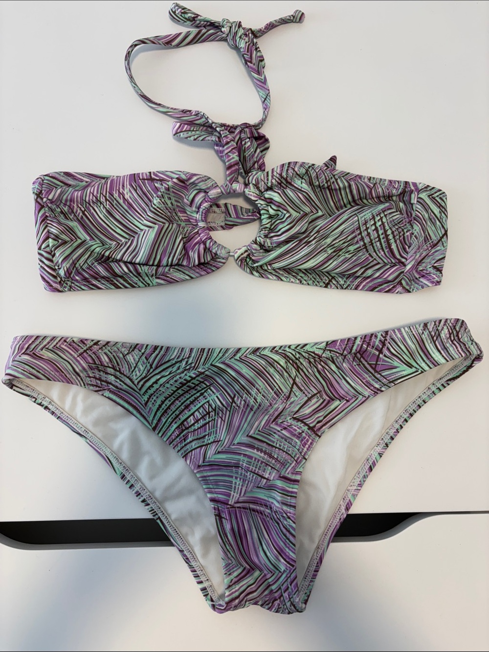 Palm Leaf Print Mint & Purple Bandeau Bikini Set